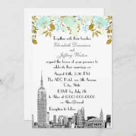 Convites NYC Skyline ESB Etch Mint Dourado Casamento Floral