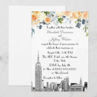 Convites NYC Skyline ESB Etch Peach Blues Casamento Floral