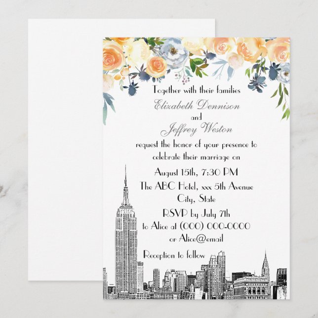 Convites NYC Skyline ESB Etch Peach Blues Casamento Floral (Frente/Verso)