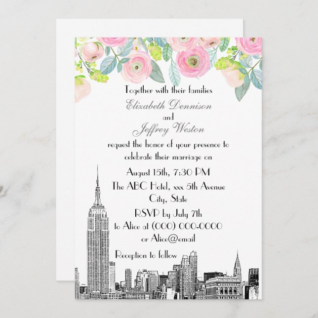 Convites NYC Skyline ESB Etch Pink Ranunculus Flowr Weding (Frente/Verso)