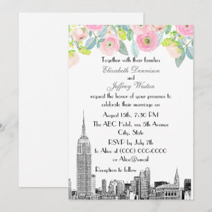 Convites NYC Skyline ESB Etch Pink Ranunculus Flowr Weding