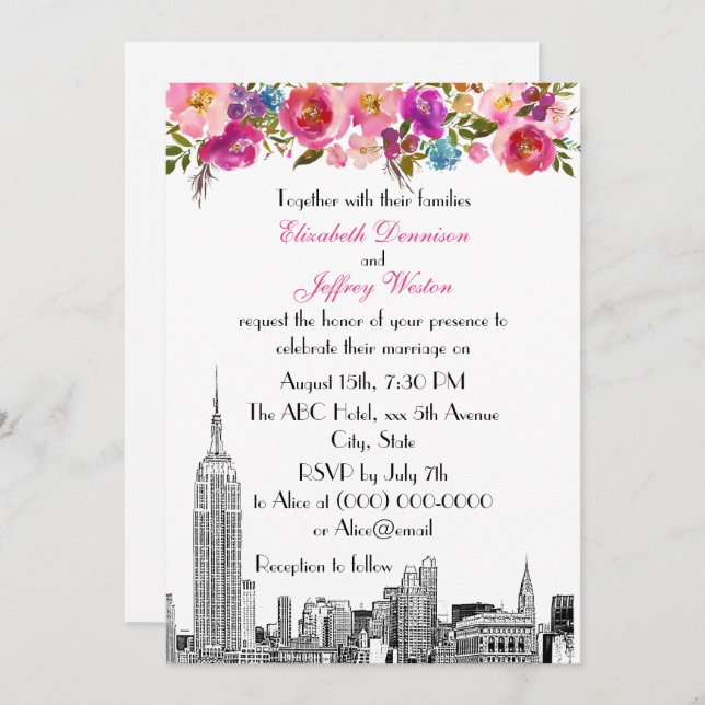 Convites NYC Skyline ESB Etch Primavera Floral Casamento Ro (Frente/Verso)