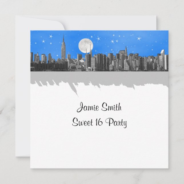 Convites NYC Skyline Etch Look Lt Blue 2 Sweet 16 SQ (Frente)