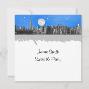 Convites NYC Skyline Etch Look Lt Blue 2 Sweet 16 SQ