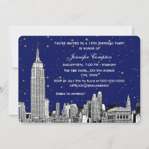 Convites NYC Skyline Etch Starry Navy BG SQ Doce 16 H