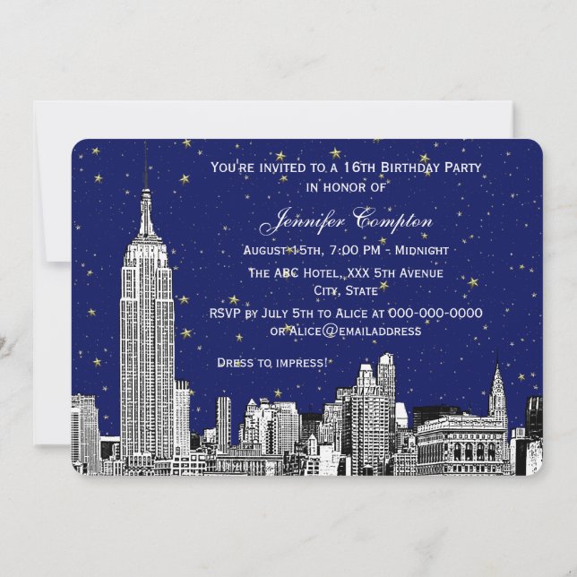 Convites NYC Skyline Etch Starry Navy BG SQ Doce 16 H (Verso)