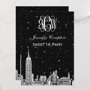 Convites NYC Skyline Etchd Starry Vine Font DIY BG Sweet 16