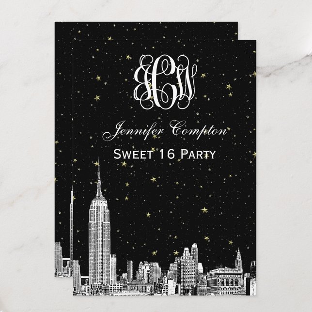 Convites NYC Skyline Etchd Starry Vine Font DIY BG Sweet 16 (Criador carregado)