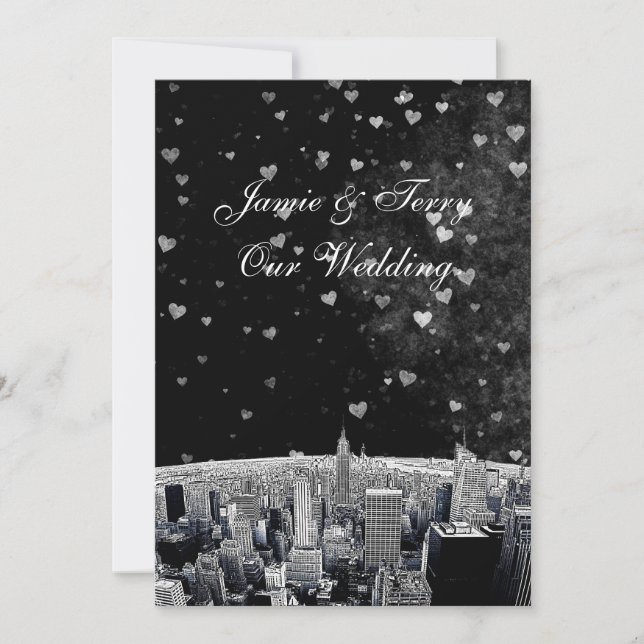 Convites NYC Skyline nº 2 Black Wht Heart Wedt (Frente)