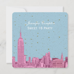 Convites NYC Skyline Rosa Quente Etch Blue Starry SQ Sweet 