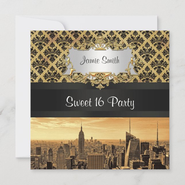 Convites NYC Skyline Sepia B5 Blk Rib Damask Sweet 16 Invit (Frente)