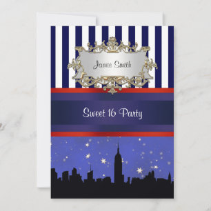 Convites NYC Skyline Sil Blue Sky2 Blue Wht Strp Sweet 16 V