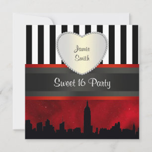 Convites NYC Skyline Sil Red Sky Blk Wht Stripe H Sweet 16