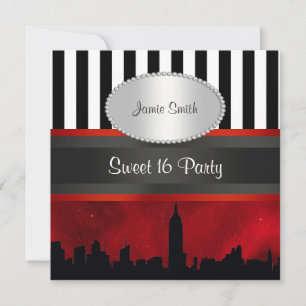 Convites NYC Skyline Sil Red Sky Blk Wht Stripe P Sweet 16