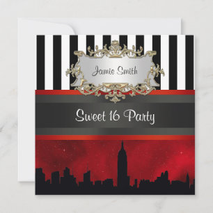 Convites NYC Skyline Sil Red Sky Blk Wht Stripe Sweet 16