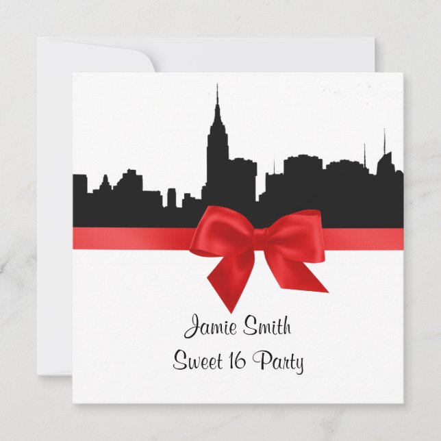 Convites NYC Skyline Silhouette BW Red Sweet 16 SQ (Frente)