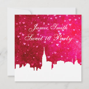 Convites NYC Skyline Silhouette Ht Rosa Red Heart Sweet 16
