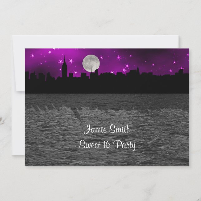 Convites NYC Skyline Silhouette Moon Purple Sweet 16 (Frente)