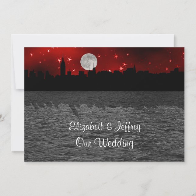 Convites NYC Skyline Silhouette Moon Red Casamento (Frente)