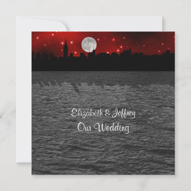 Convites NYC Skyline Silhouette Moon Red Wedding SQ (Frente)
