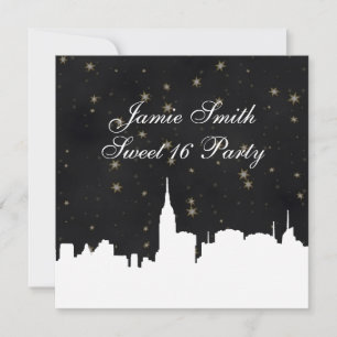 Convites NYC Skyline Wht Silhouette Blk Dourado Star Sweet 