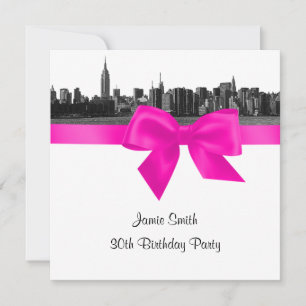 Convites NYC Wide Skyline Etch BW Hot Pink Birthday Pty SQ