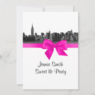 Convites NYC Wide Skyline Etch BW Hot Pink Sweet 16