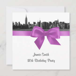 Convites NYC Wide Skyline Etch BW Lilac Aniversário Pty SQ