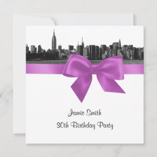 Convites NYC Wide Skyline Etch BW Lilac Birthday Pty SQ