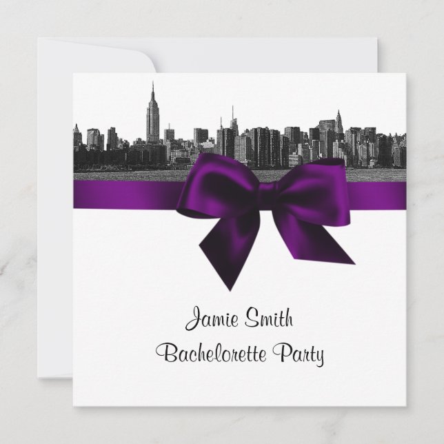Convites NYC Wide Skyline Etch BW Purple Bachelorette SQ (Frente)