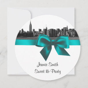 Convites NYC Wide Skyline Etch BW Teal Sweet SQ