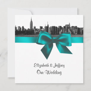 Convites NYC Wide Skyline Etched BW Teal Casamento SQ