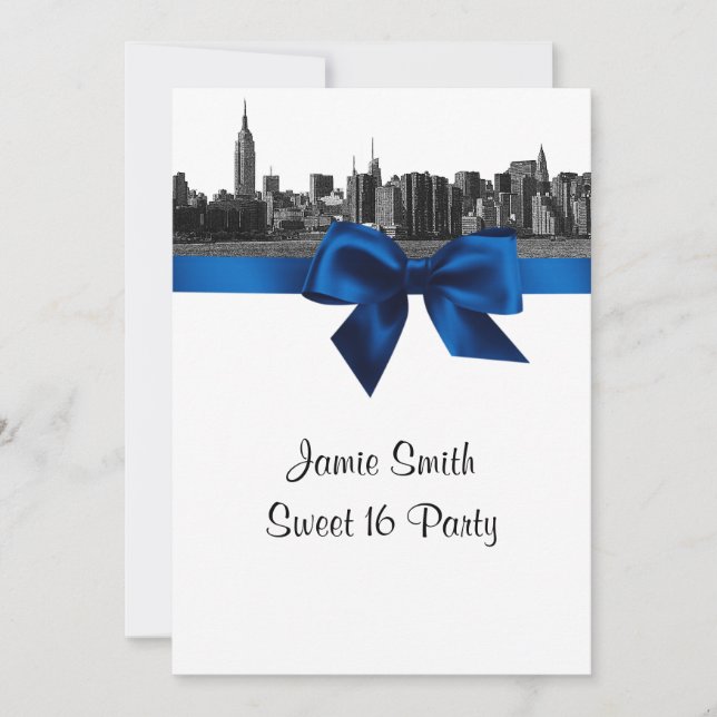 Convites NYC Wide Skyline Etchou BW Royal Blue Sweet 16 (Frente)