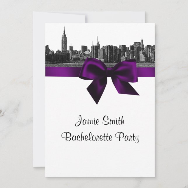 Convites NYC Wide Skyline Gravado BW Roxo Bachelorette Pty (Frente)
