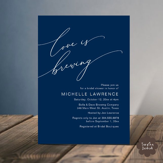 Convites O amor é a criação, a celebração do Chá de panela (Love is Brewing, Bridal Shower Beer Party Wine Tasting Invitation Card PDF Contemporary Navy Blue)