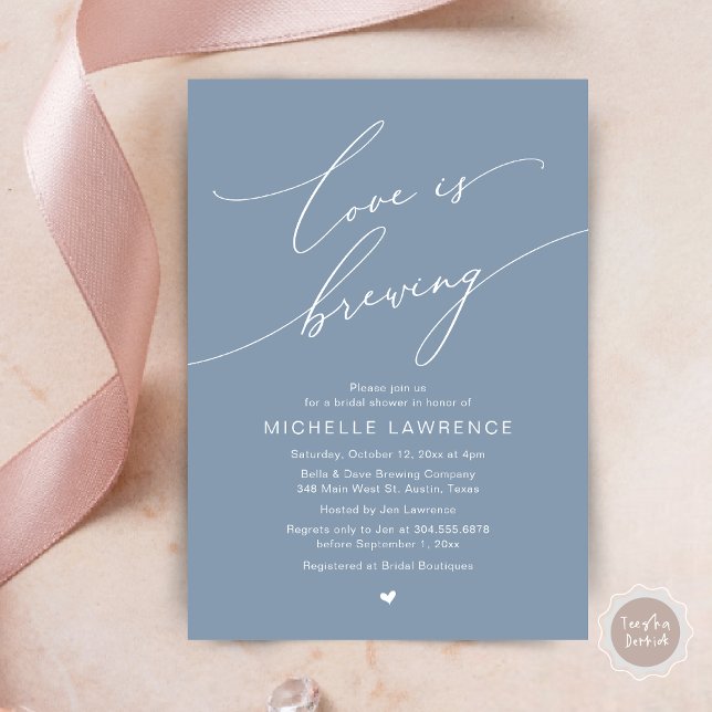 Convites O amor é a criação, a celebração do Chá de panela (Love is Brewing, Bridal Shower Beer Party Wine Tasting Invitation Card PDF Contemporary Dusty Blue)