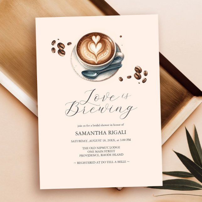 Convites O amor é criar café Chá de panela café café café (bridal shower invitations simple love is brewing coffee theme with a latte and heart shaped foam)