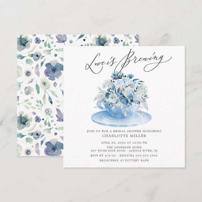 Convites O amor é criar Chá de chá de noz floral azul (Frente/Verso)