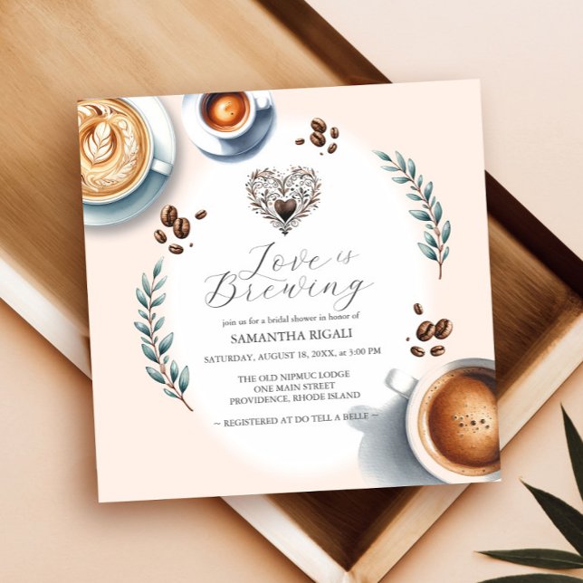 Convites O amor é criar Chá de panela de café (love is brewing coffee bridal shower invitations with a watercolor theme and brown heart.)