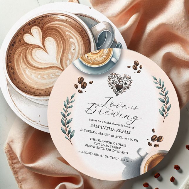 Convites O amor é fazer Chá de panela de café (Round coffee bridal shower invitations love is brewing by Victoria Grigaliunas Do Tell A Belle)