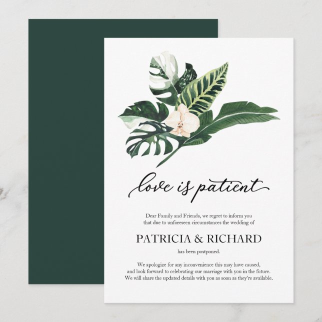 Convites O Amor é Paciente Adiamento de Casamento Tropical (Frente/Verso)
