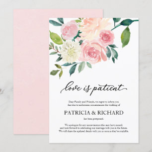 Convites O Amor é Paciente Blush Floral Adiamento de Casame