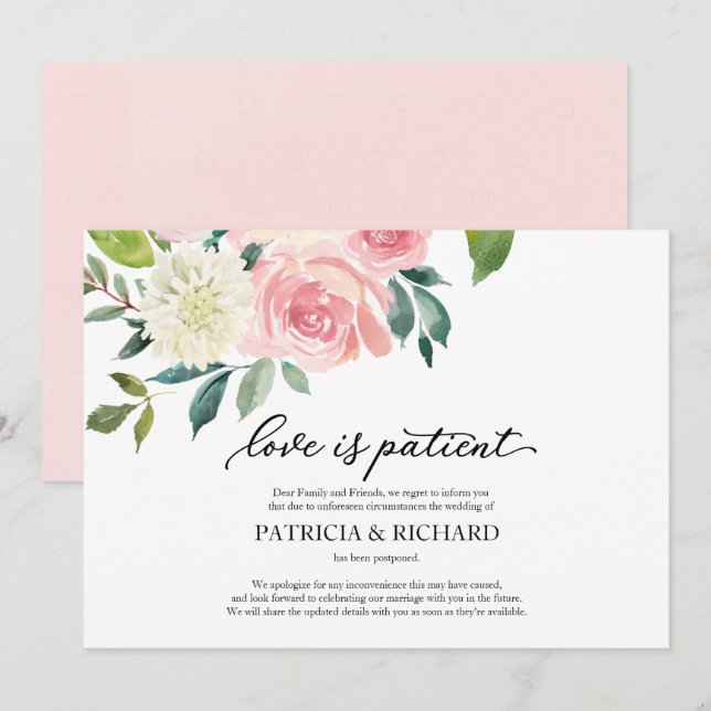 Convites O Amor é Paciente Blush Floral Adiamento de Casame (Frente/Verso)