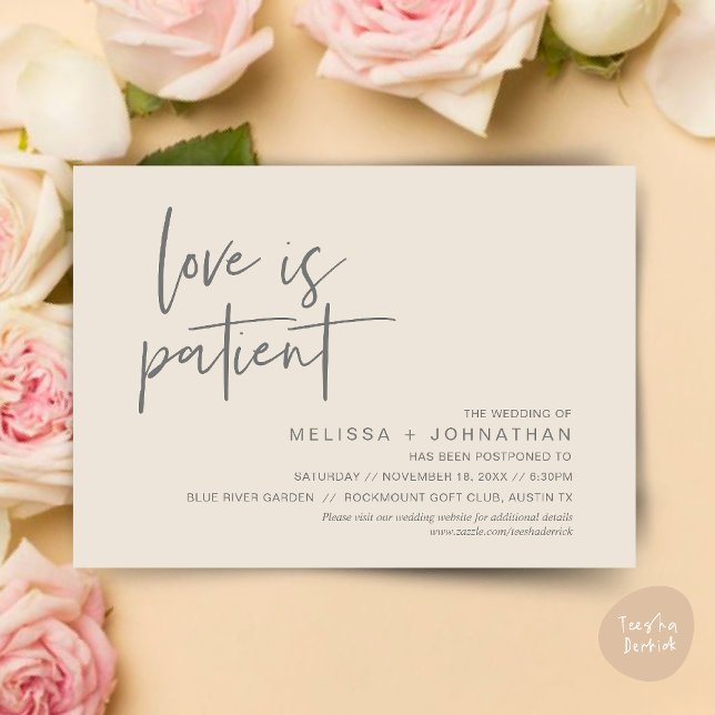 Convites O amor é paciente, muda a nossa data de casamento (Minimalist, Love is patient, Romantic Wedding Change the new date card PDF in Cream Grey)