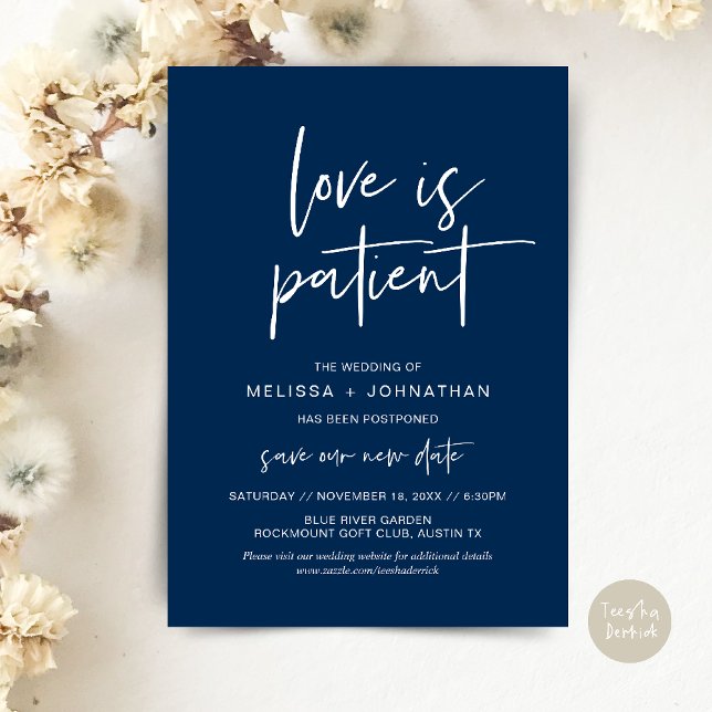 Convites O amor é paciente, Mudar Nova Data de Casamento (Minimalist, Love is patient, Romantic Wedding Change the new date card PDF in navy Blue)