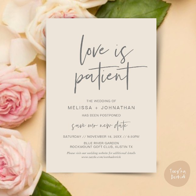 Convites O amor é paciente, Mudar Nova Data de Casamento (Minimalist, Love is patient, Romantic Wedding Change the new date card PDF in Cream Grey)