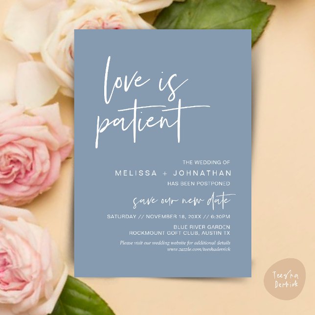 Convites O amor é paciente, Mude nossa data de casamento (Minimalist, Love is patient, Romantic Wedding Change the new date card PDF in Dusty Blue)