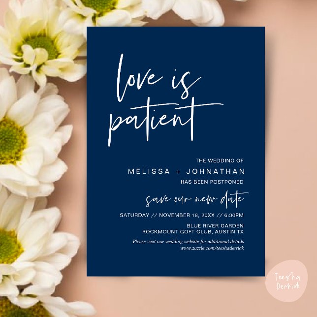Convites O amor é paciente, Mude nossa data de casamento (Minimalist, Love is patient, Romantic Wedding Change the new date card PDF in navy Blue)