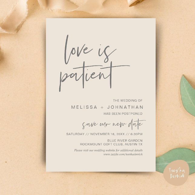 Convites O amor é paciente, Mude nossa data de casamento (Minimalist, Love is patient, Romantic Wedding Change the new date card PDF in Cream Grey)