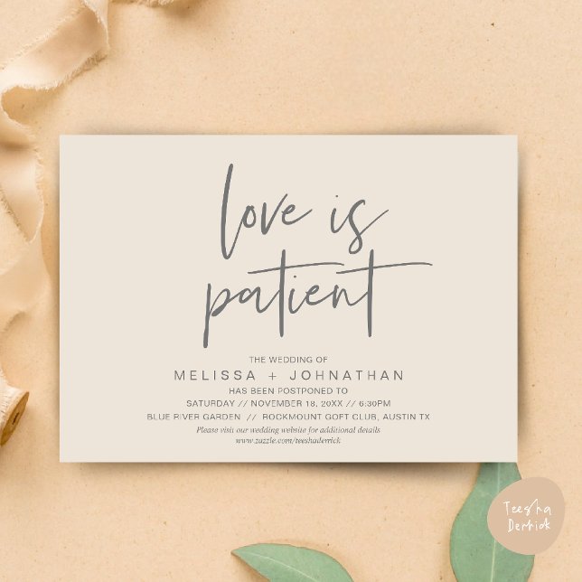 Convites O amor é paciente, Mude nossa data de casamento (Minimalist, Love is patient, Romantic Wedding Change the new date card PDF in Cream Grey)